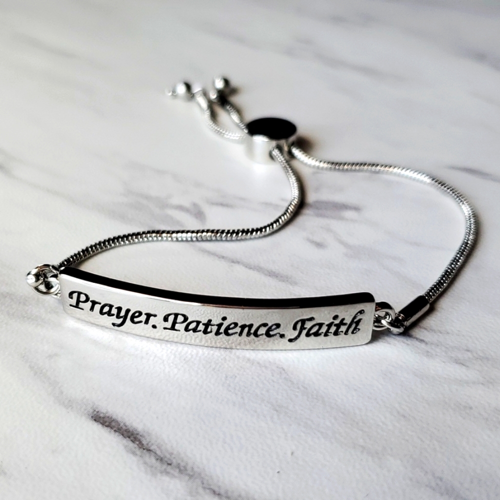 Silver Slider Bracelet Prayer Patience Faith Zoe's Loft